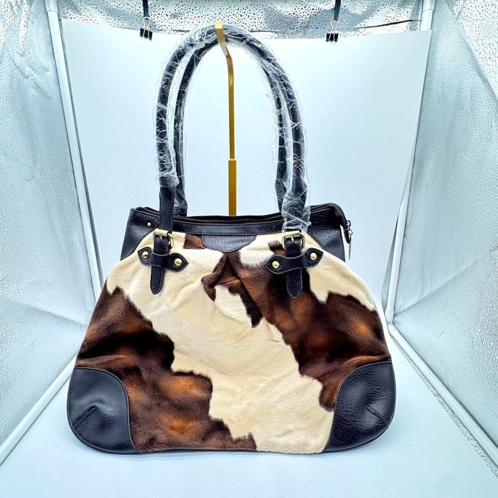 Cowhide Haircalf Leather Tote Bag‎ Women Brown Cream Large Shoulder